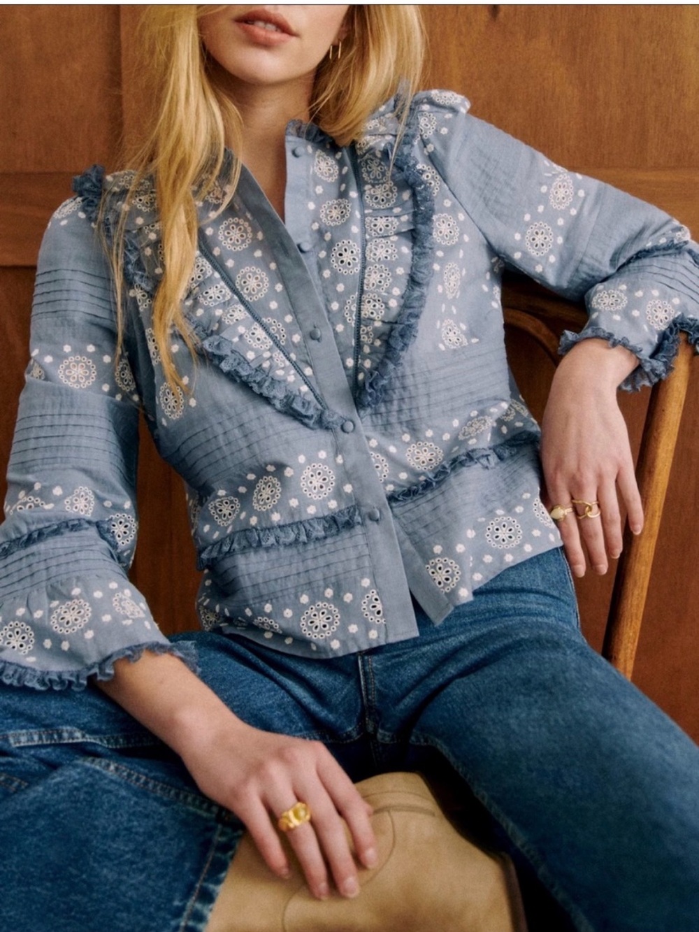 Sézane Nele Shirt Women's Size 4 Blue Vintage Ecru Eyelet Embroidered Cotton NWT